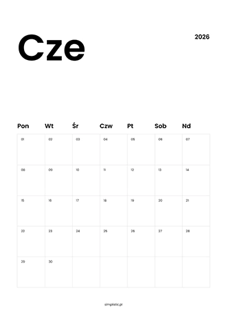 Kalendarz czerwiec 2026 do druku