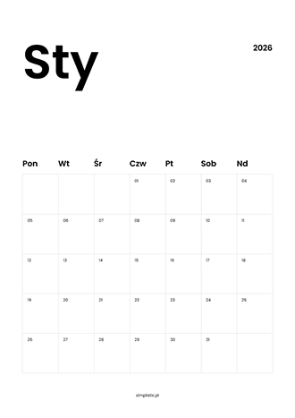 Kalendarz styczeń 2026 do druku